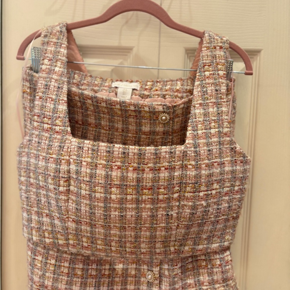 Cute pink, multicolor tweed skirts and top set. New with tags.